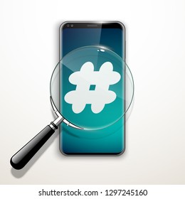 illustration web search by hashtag on mobile phone isolated on white background. Banner with smartphone search engine browser by hashtag