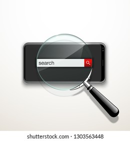 illustration web search by hashtag on mobile phone isolated on white background. Banner with smartphone search engine browser by hashtag