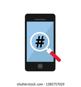 illustration web search by hashtag on mobile phone isolated on white background. Banner with smartphone search engine browser by hashtag - Vector