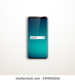 illustration web search by hashtag on mobile phone isolated on white background. Banner with smartphone search engine browser by hashtag