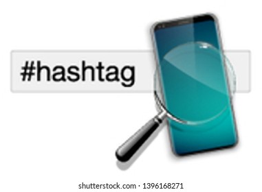 illustration web search by hashtag on mobile phone isolated on white background. Banner with smartphone search engine browser by hashtag