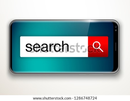 illustration web search by hashtag on mobile phone isolated on white background. Banner with smartphone search engine browser by hashtag