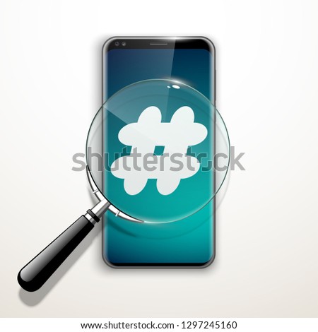 illustration web search by hashtag on mobile phone isolated on white background. Banner with smartphone search engine browser by hashtag