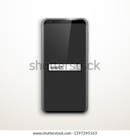 illustration web search by hashtag on mobile phone isolated on white background. Banner with smartphone search engine browser by hashtag