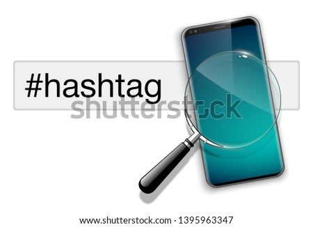 illustration web search by hashtag on mobile phone isolated on white background. Banner with smartphone search engine browser by hashtag
