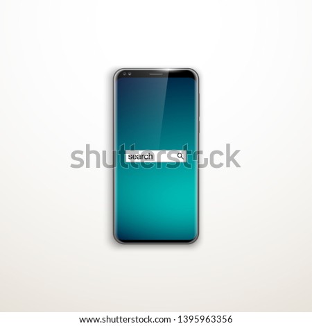 illustration web search by hashtag on mobile phone isolated on white background. Banner with smartphone search engine browser by hashtag