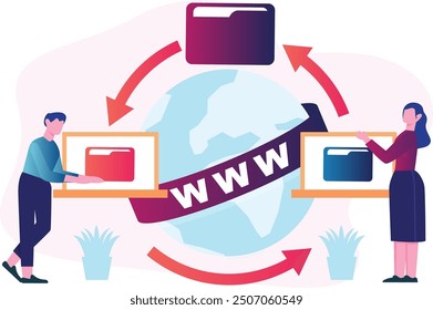 illustration, web, security, computer, concept, internet, domain, transfer, connection, data, information, online, people, technology, cartoon, address, website, digital, connect, world, network, 
