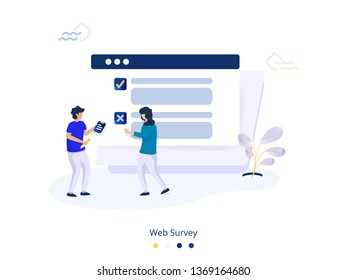 Illustration Web Survey concept, A man is conducting a survey of women, can be used for landing pages, templates, UI, web, mobile apps, posters, banners. vector-illustration