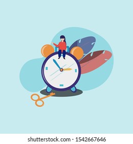 illustration for the web. The woman is sitting on the clock
