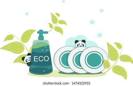 Illustration for the website of a cleaning company. The concept of environmental friendliness. Pandas peek out from behind detergents. Stock vector graphics.