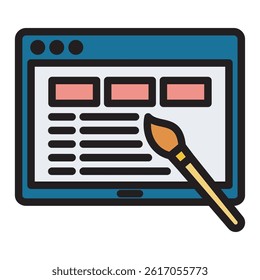 Illustration of a website design concept with a brush.  Outline style, black and white