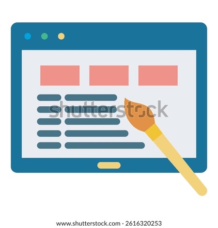 Illustration of a website design concept with a brush.  Outline style, black and white