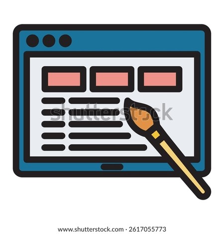 Illustration of a website design concept with a brush.  Outline style, black and white