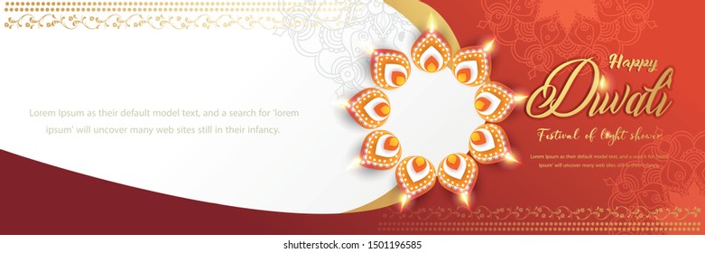 Illustration of website header, illustration of burning diya for Diwali festival, beautiful header background with lots of lights for celebration of Diwali Indian festival.