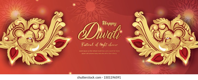 Illustration of website header, illustration of burning diya for Diwali festival, beautiful header background with lots of lights for celebration of Diwali Indian festival.