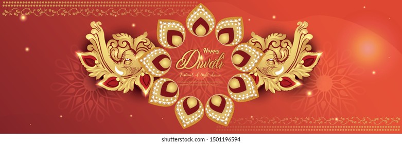 Illustration of website header, illustration of burning diya for Diwali festival, beautiful header background with lots of lights for celebration of Diwali Indian festival.