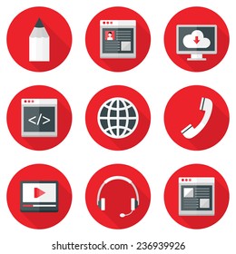 Illustration of Website Icons Set over Red with Shadows. Design, coding, service, media, profile, hosting.