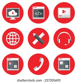 Illustration of Website Icons Set over Red. Design, coding, service, media, profile, hosting.
