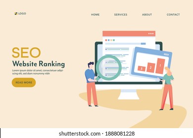 Illustration Of Website SEO, Search Engine Result Page, Marketers Working On SEO Ranking - Conceptual Vector Landing Page Template