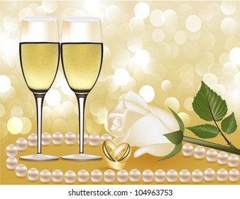   illustration wedding background with rose by pearl, goblet and ring