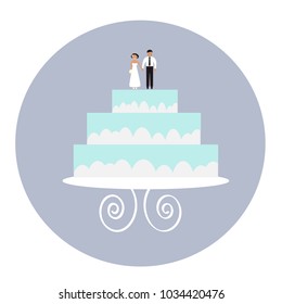 Illustration with wedding cake with brade and groom topper