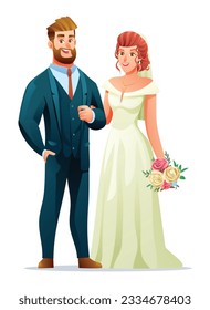 Illustration of wedding couple characters. Happy bride and groom in wedding dress. Bride holding bouquet