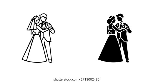 Illustration of a wedding couple dancing, with a bride and groom in an elegant and romantic pose