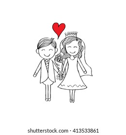 Illustration of wedding couple with wedding dress. Hand drawing illustration.
