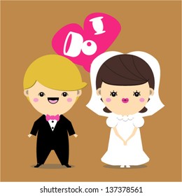 Illustration of wedding couple with wedding dress, vector illustration