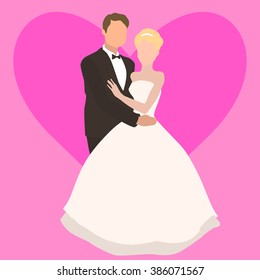 illustration of wedding couple in flat style, template for invitation card design.