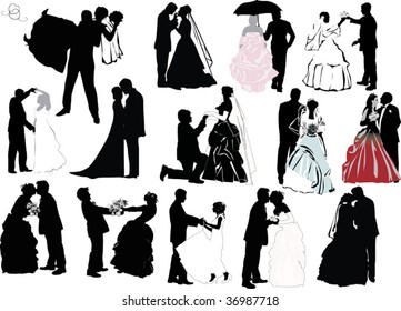 illustration with wedding couple silhouettes isolated on white background