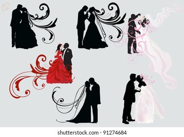 illustration with wedding couple silhouettes on light background