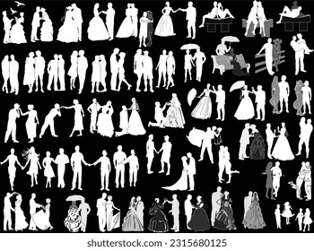 illustration with wedding couples isolated on black background
