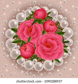 Illustration of wedding, greeting or invitation card template with shiny pearls round frame and peony flowers