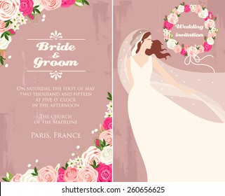 Illustration of wedding invitation with bride and roses