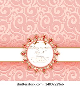 Illustration wedding invitation with gold ornaments and precious stones.