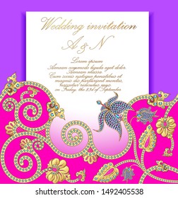 Illustration wedding invitation with gold ornaments and precious stones.