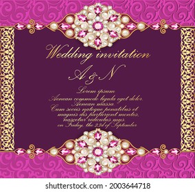 Illustration wedding invitation with gold ornaments and precious stones.