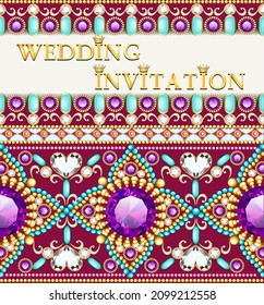 Ilustración invitación a la boda con ornamentos de oro y piedras preciosas.