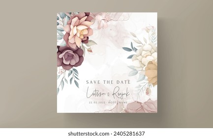 Illustration of a wedding invitation watercolor flower bouquet set branches brown leaves red flowers