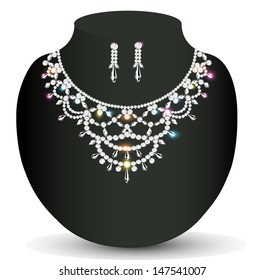 Illustration wedding necklace and earrings with precious stones women