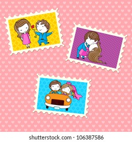 illustration of wedding photo in frame on pattern background
