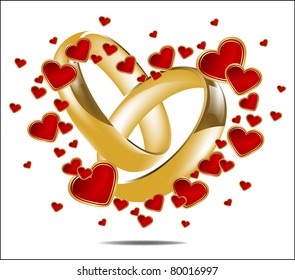 Illustration with wedding rings and Red Heart