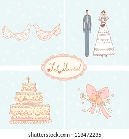 Illustration wedding set. Collection with wedding images for design greeting card, invitation, congratulation banner etc.
