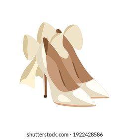 Illustration of wedding shoes vector flat, hand-drawn female high-heeled shoes with a bow of ivory color 
