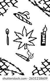 Ilustración de una hoja de maleza con dos juntas enrolladas, un encendedor de gas y una cerilla de madera sobre fondo blanco. Perfecto para la cultura del cannabis, el arte urbano y los diseños de estilo de vida.