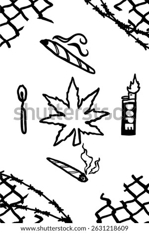 Illustration of a weed leaf with two rolled joints, one gas lighter, and one wooden matchstick on white background. Perfect for cannabis culture, urban art, and lifestyle designs.