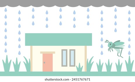 Illustration of weeds growing around a compact one-story house, rain falling, and grasshoppers jumping