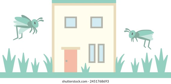 Illustration of weeds growing around a two-story square house and grasshoppers jumping