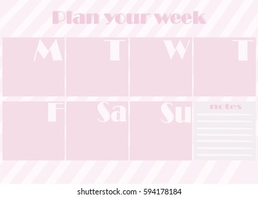 Illustration of weekly planner. Cute pink page for notes. Flat style vector.